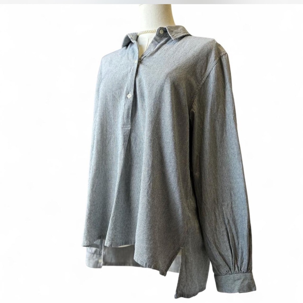 Cotton Pullover Poplin Collared Grey White Striped Long Sleeved Oversized Top S
